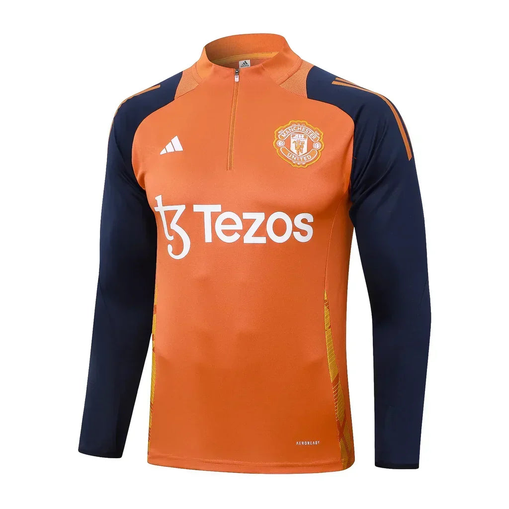 Conjunto Manchester United Zíper Curto Treino Laranja e Azul